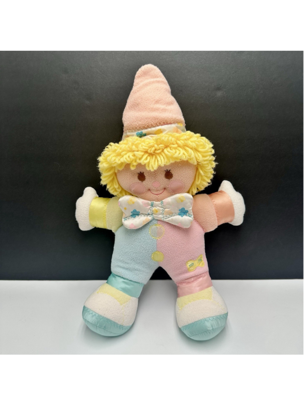 Vintage Cozy Bows Clown Rattle Plush Doll 15" Pastel Colors Stuffed Toy